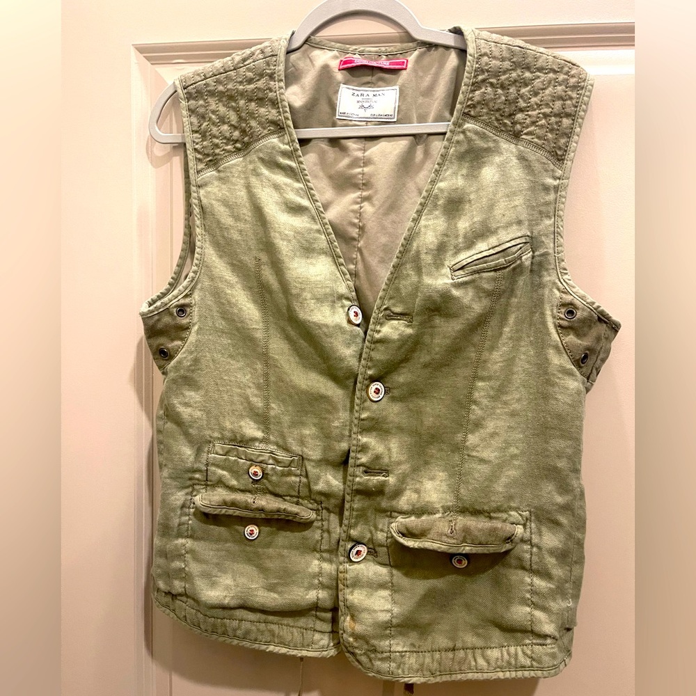 Men’s Zara ‘Denim Couture’ Army Green button down vest, size Large